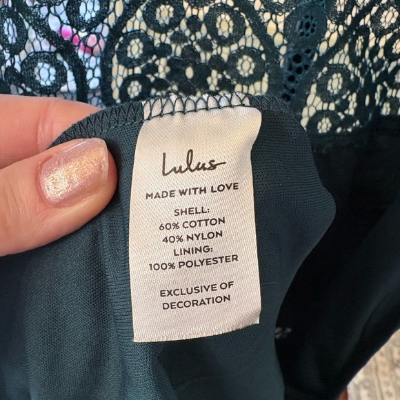 Lulu’s Forest Green Sheer Lace Short Sleeve Mini Dress size S - Picture 5 of 7